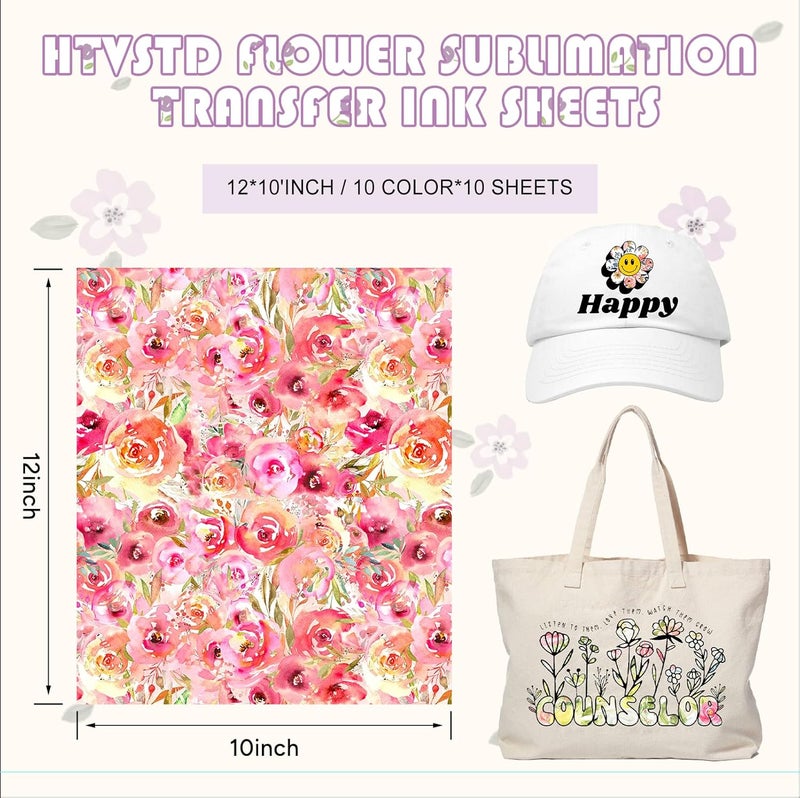 HTVSTD Floral Sublimation Transfer Ink Paper 10 Sheets 12'' x 10''Watercolor Sublimation Paper Flower Transfer Sheets for Mugs Tumblers DIY - Image 3